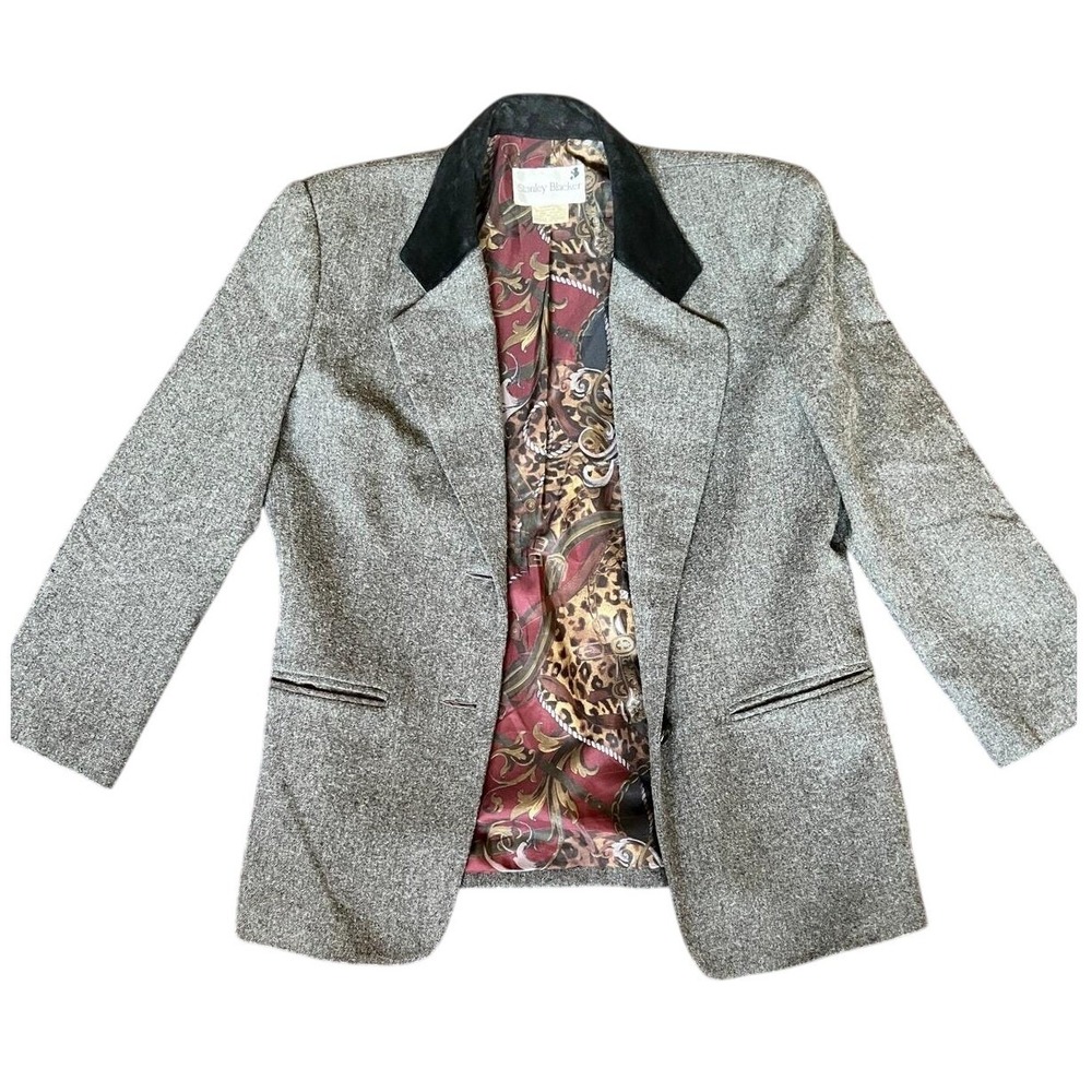 Vintage Stanley Blacker Wool Flannel Blazer Suede Collar‎ Equestrian Womens 8
